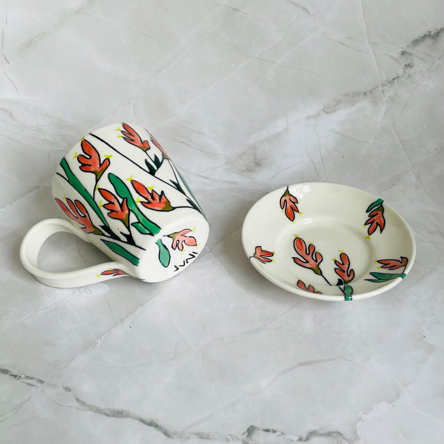 #5: Small cup & saucer set - pink kangaroo paw design
