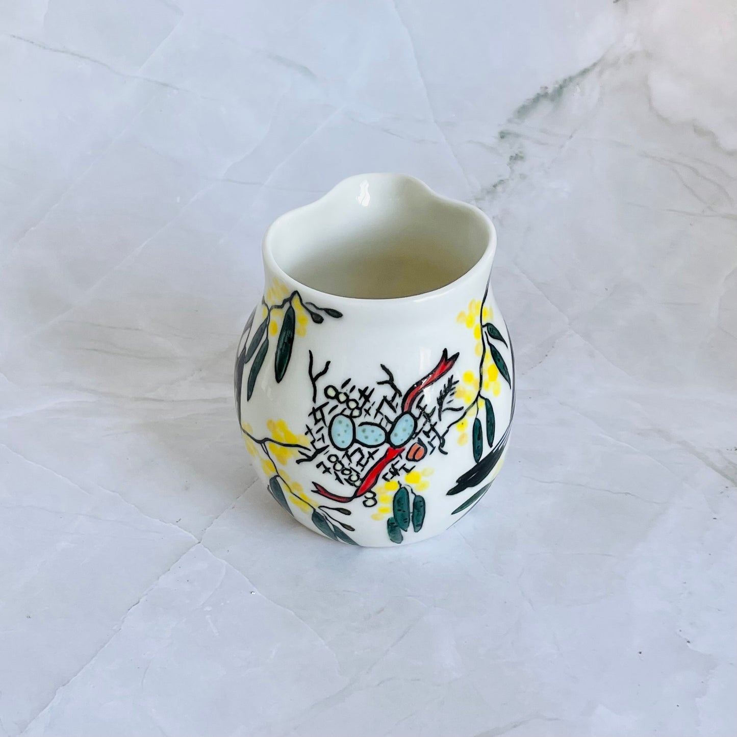 #46: Small pourer - Magpie family in a wattle tree design