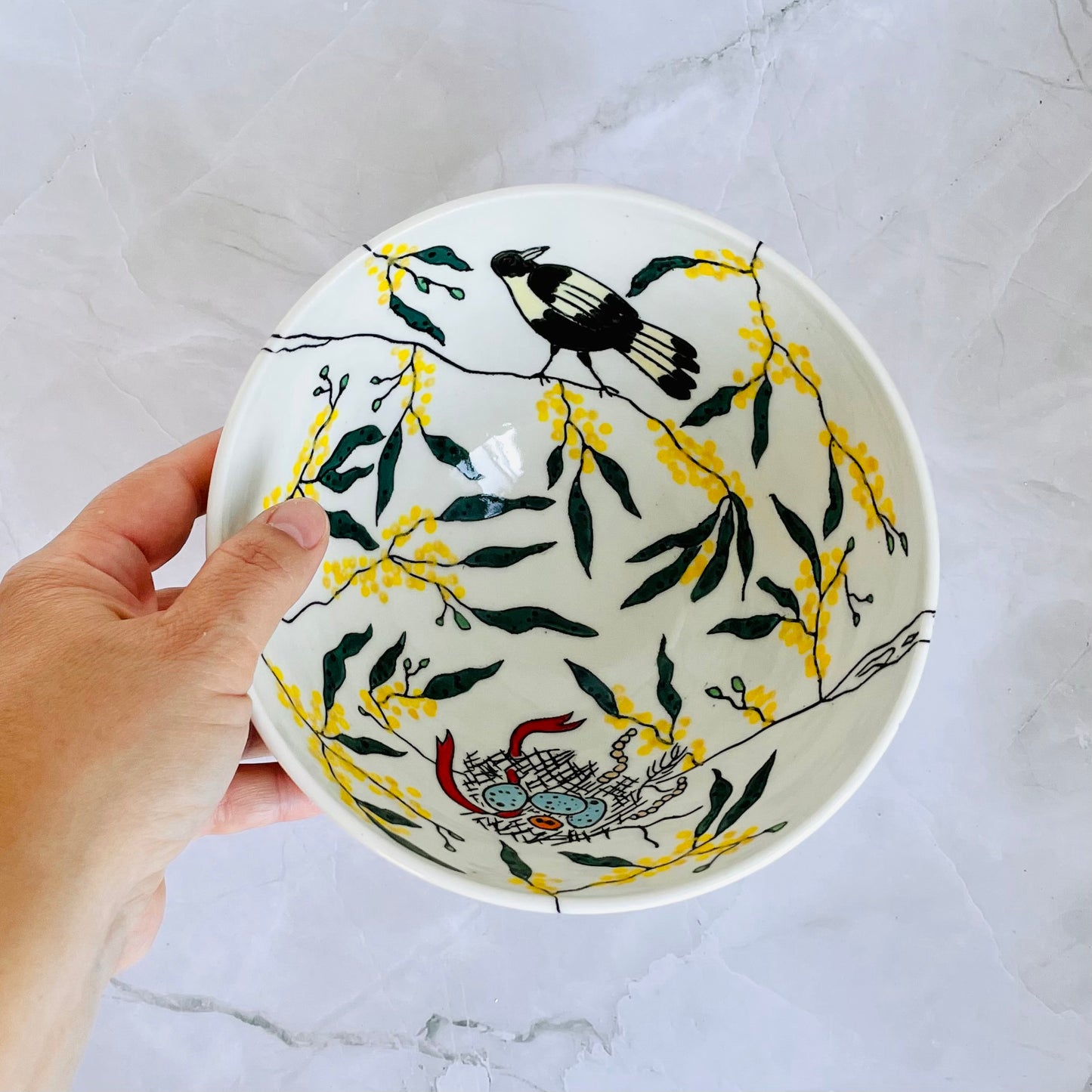 #37: Noodle bowl  - Magpie family in a wattle tree design