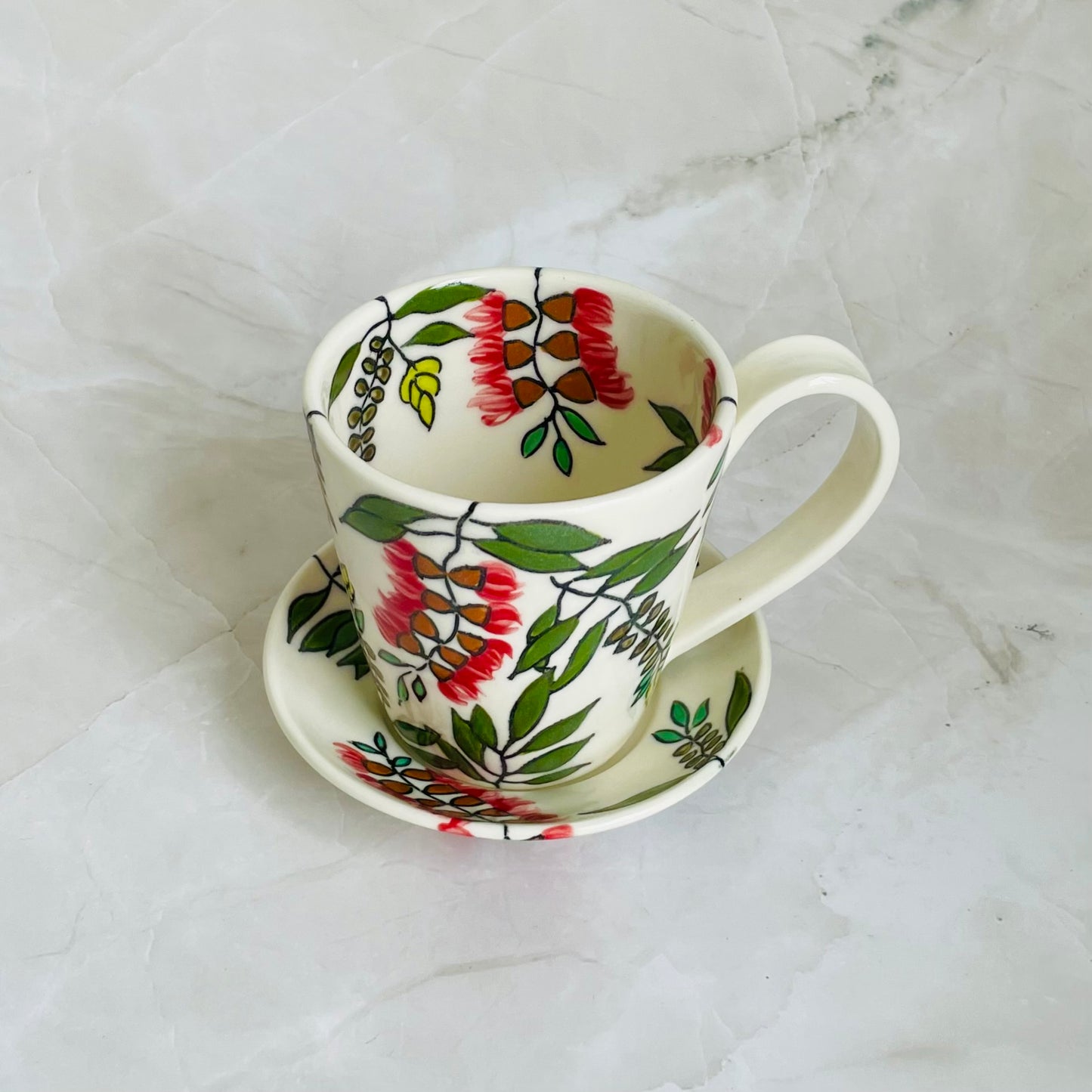 #6: Small cup & saucer set - red bottlebrush design