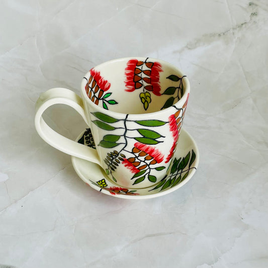 #6: Small cup & saucer set - red bottlebrush design