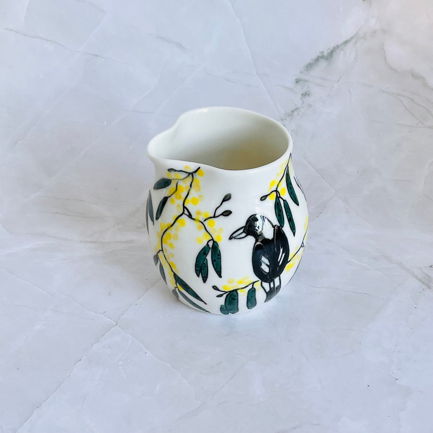 #46: Small pourer - Magpie family in a wattle tree design