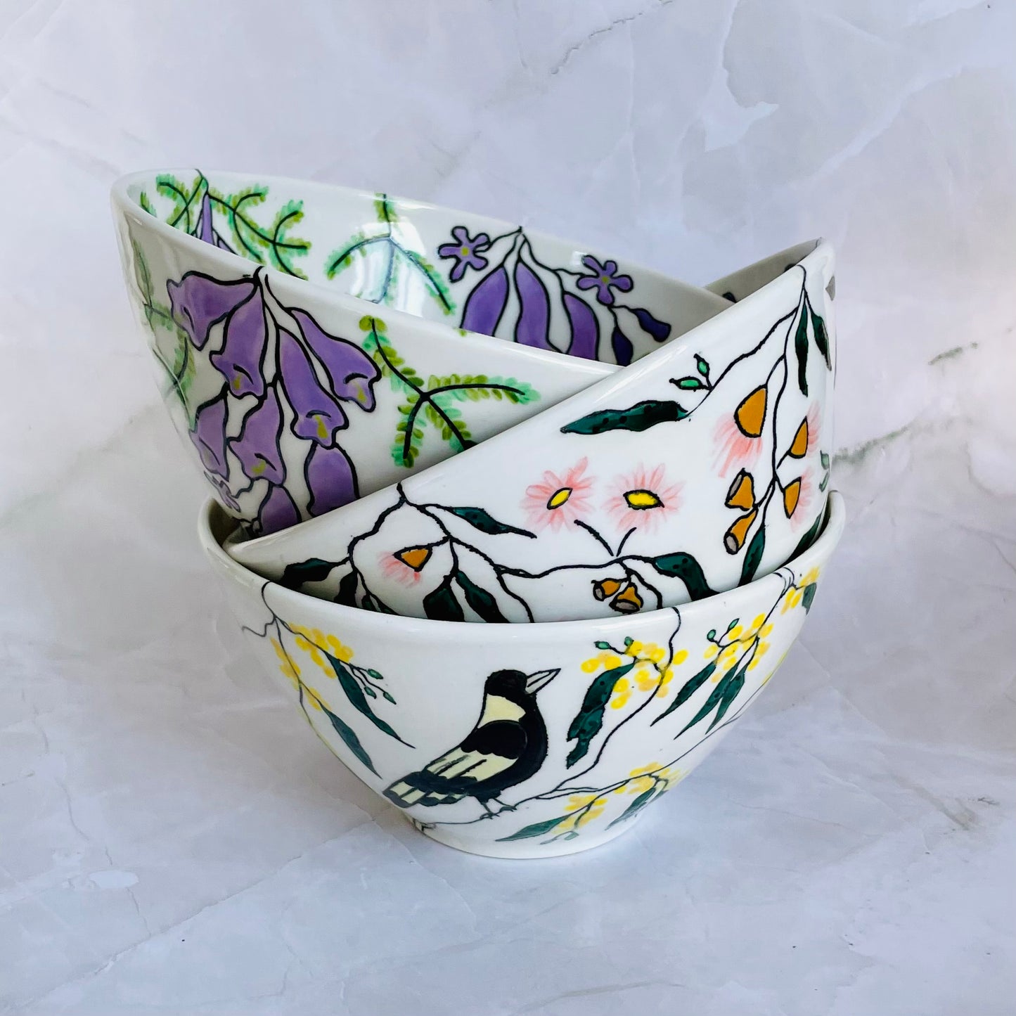 #37: Noodle bowl  - Magpie family in a wattle tree design