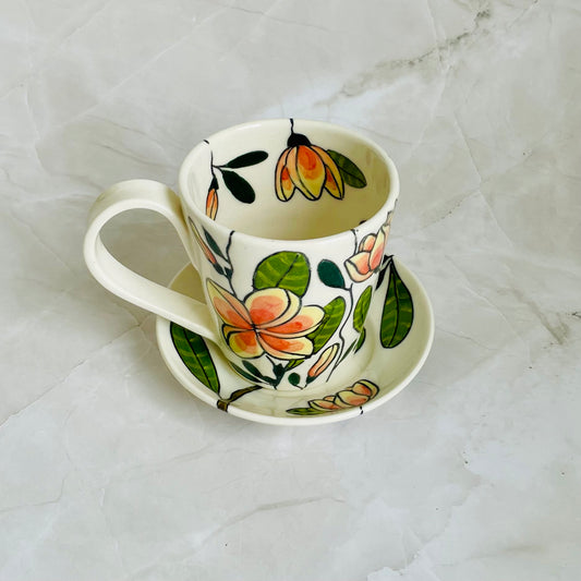 #1: Small cup & saucer set - pink frangipani design