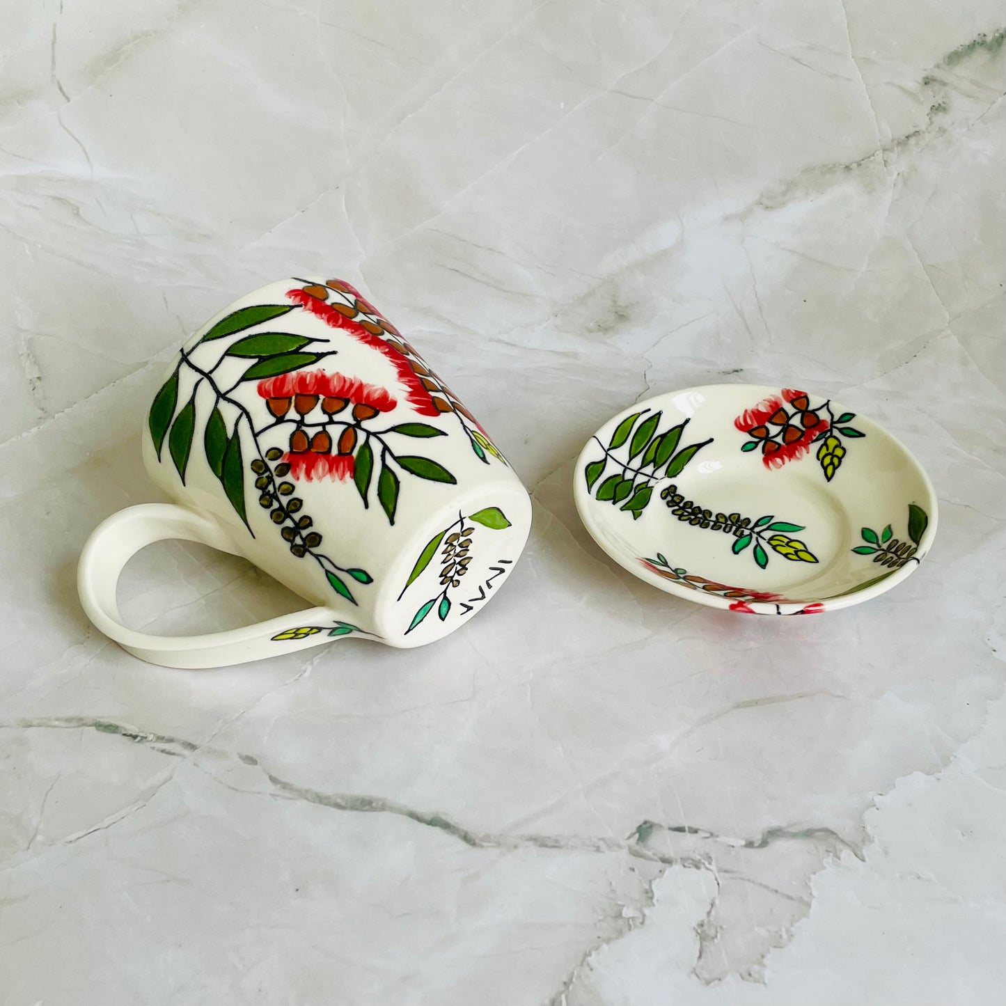 #6: Small cup & saucer set - red bottlebrush design