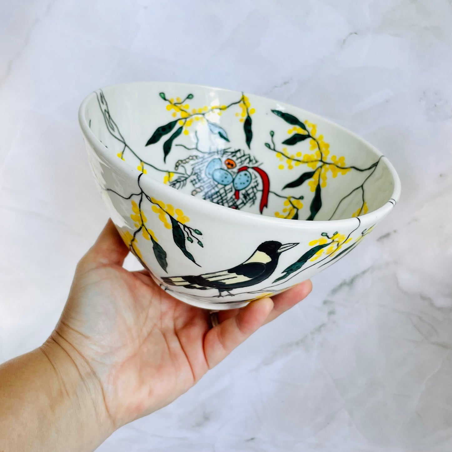 #37: Noodle bowl  - Magpie family in a wattle tree design