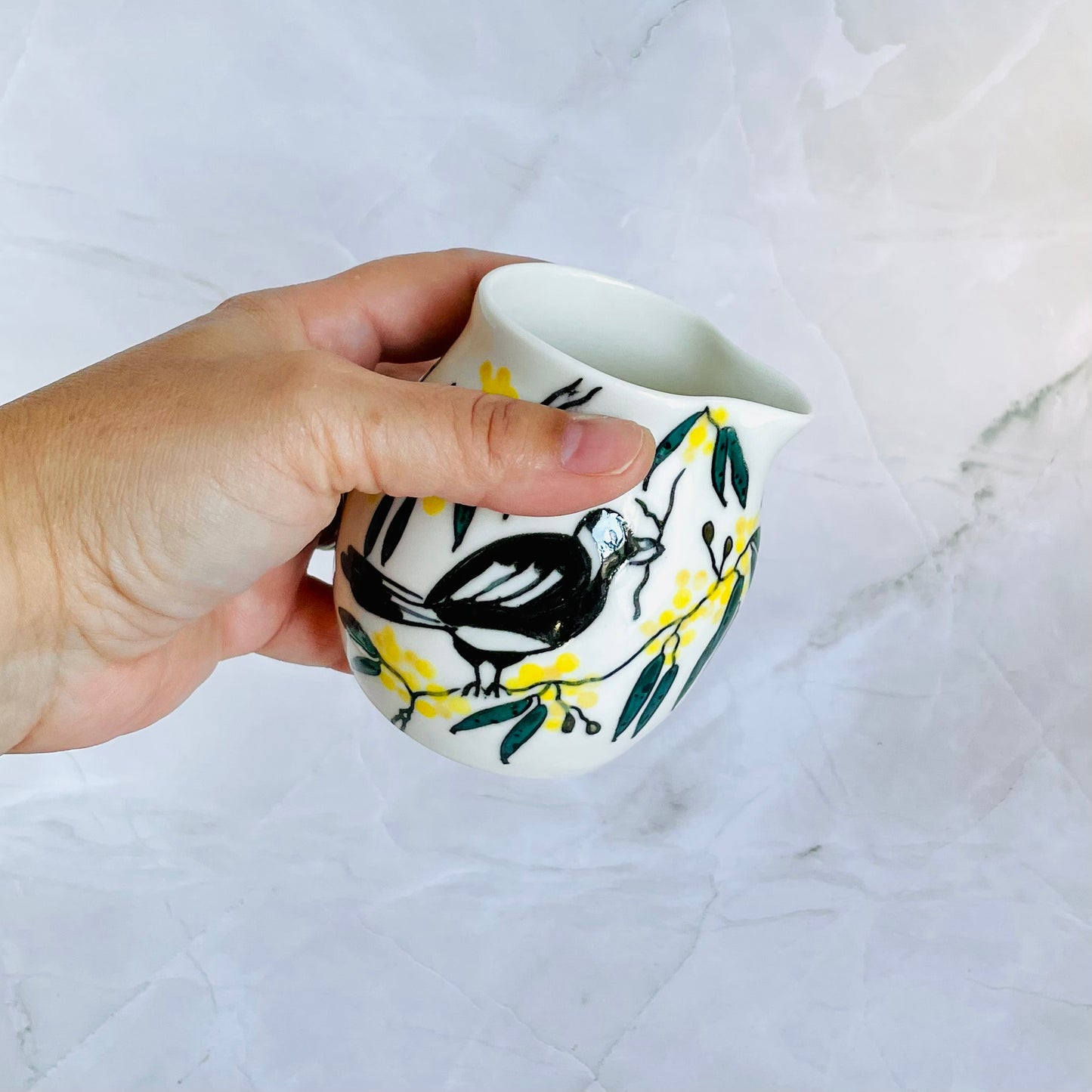 #46: Small pourer - Magpie family in a wattle tree design