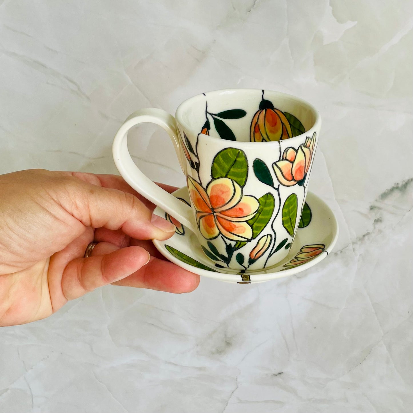 #1: Small cup & saucer set - pink frangipani design