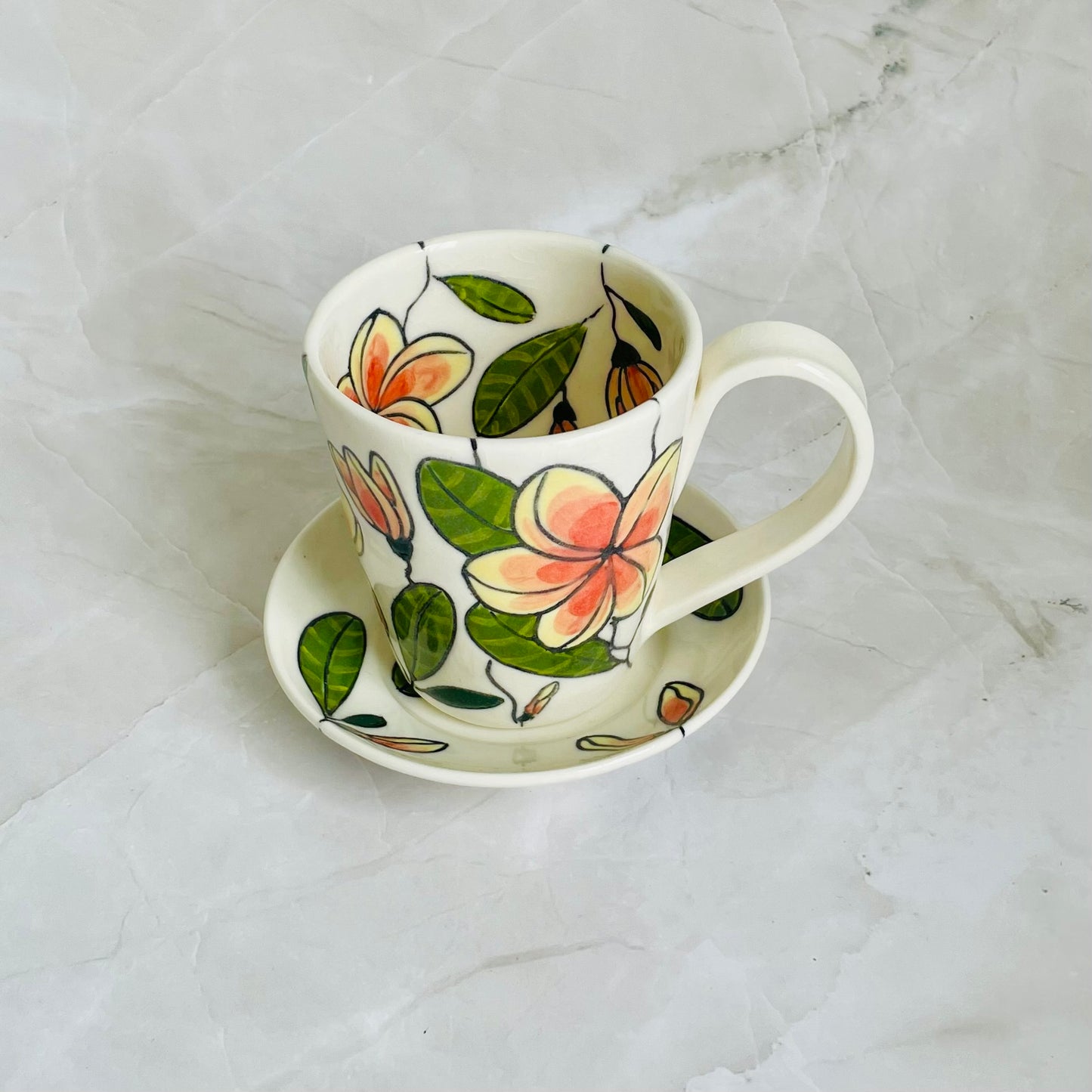 #1: Small cup & saucer set - pink frangipani design