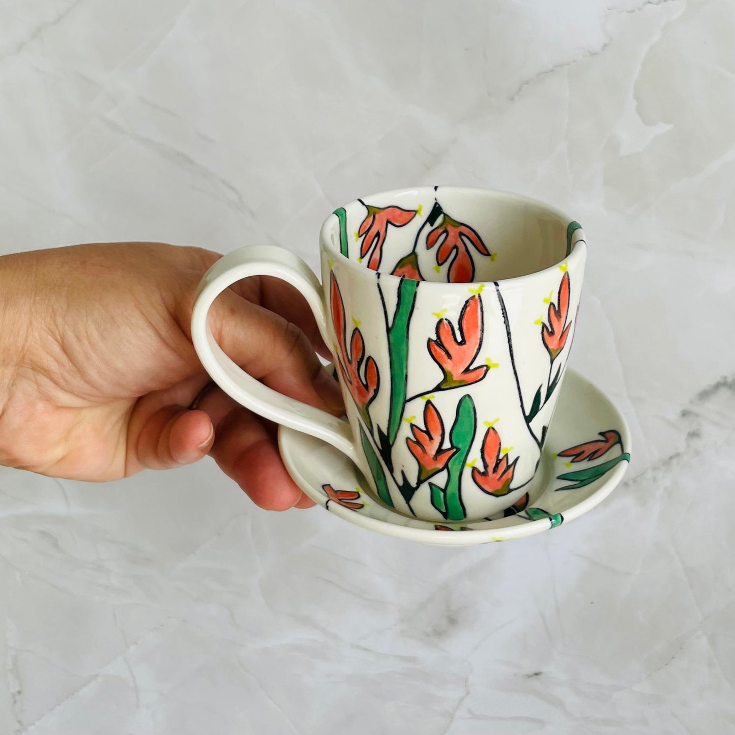 #5: Small cup & saucer set - pink kangaroo paw design
