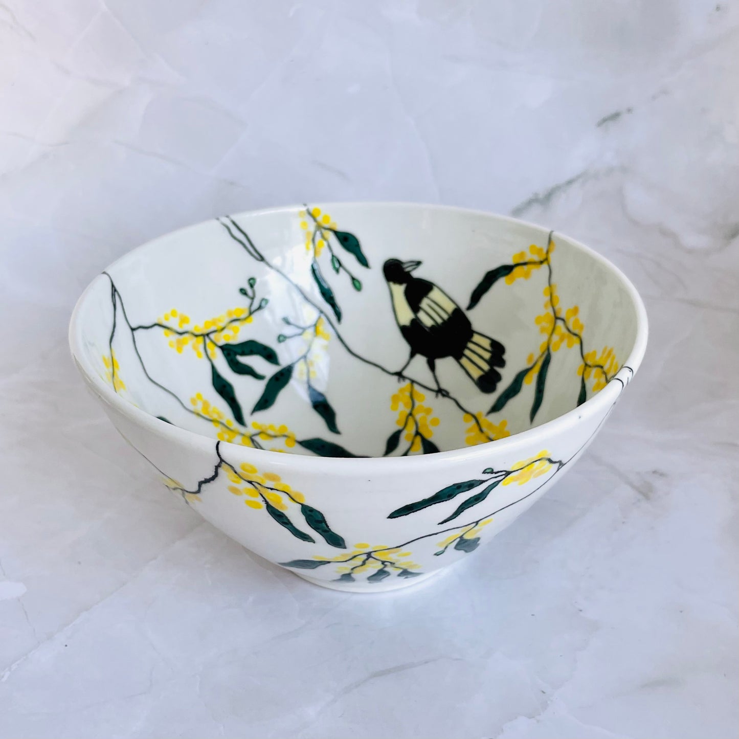 #37: Noodle bowl  - Magpie family in a wattle tree design