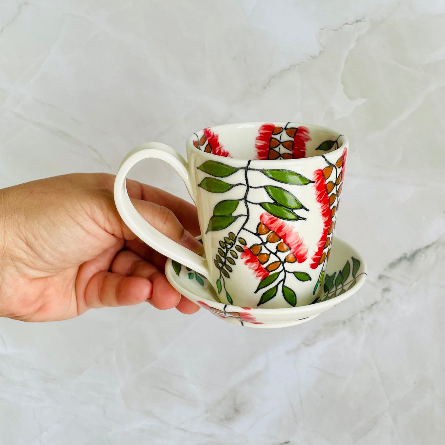 #6: Small cup & saucer set - red bottlebrush design