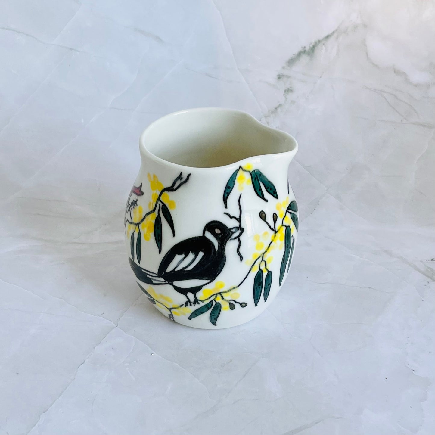 #46: Small pourer - Magpie family in a wattle tree design