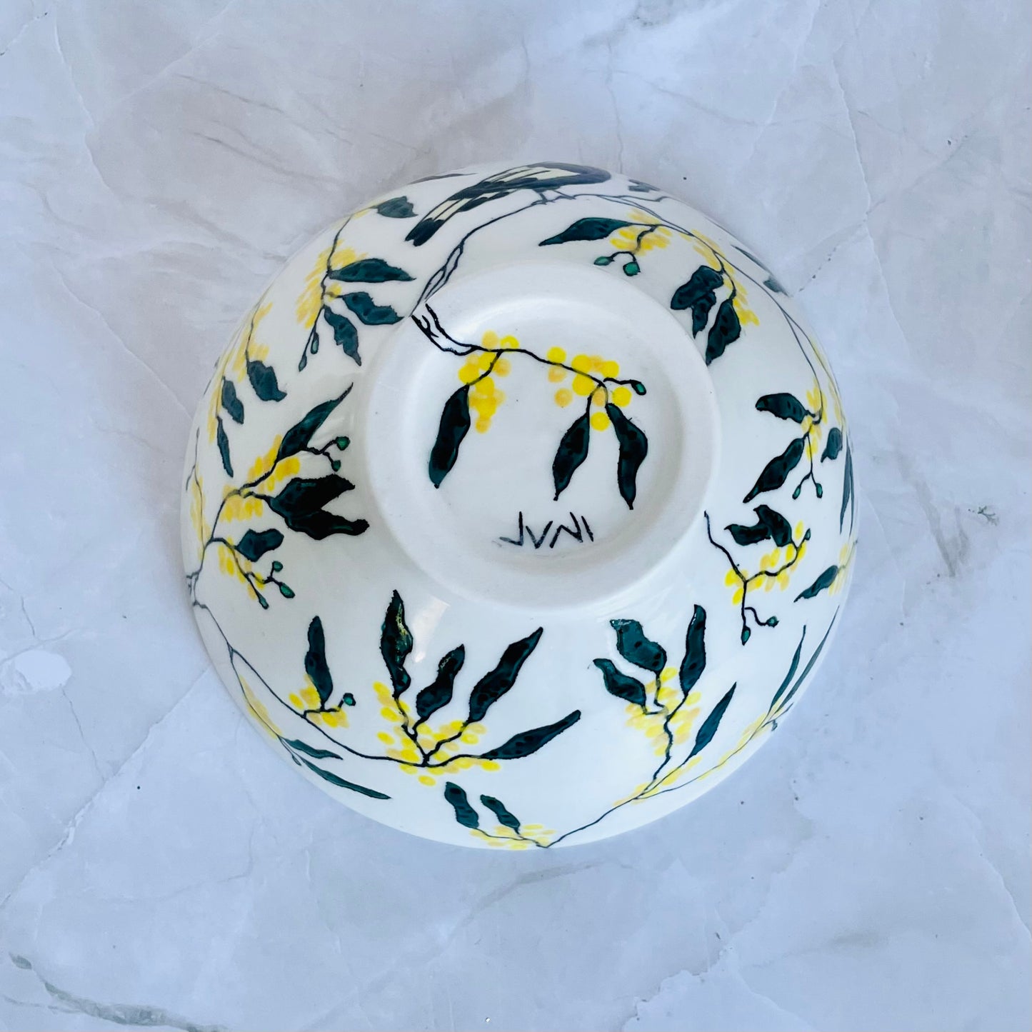 #37: Noodle bowl  - Magpie family in a wattle tree design
