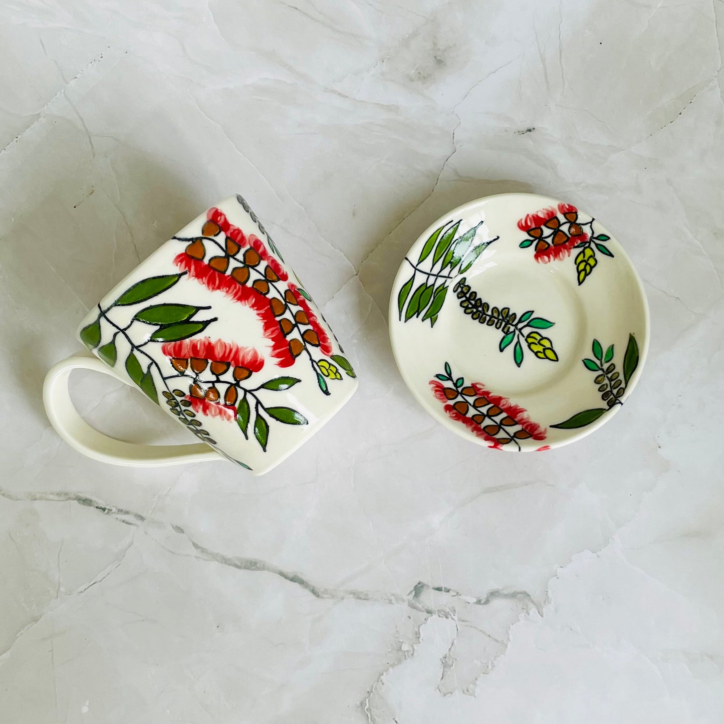 #6: Small cup & saucer set - red bottlebrush design
