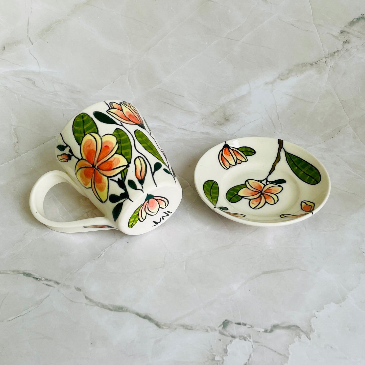 #1: Small cup & saucer set - pink frangipani design