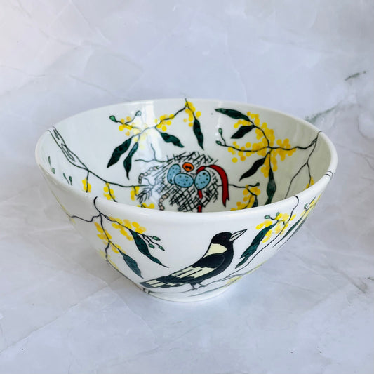 #37: Noodle bowl  - Magpie family in a wattle tree design
