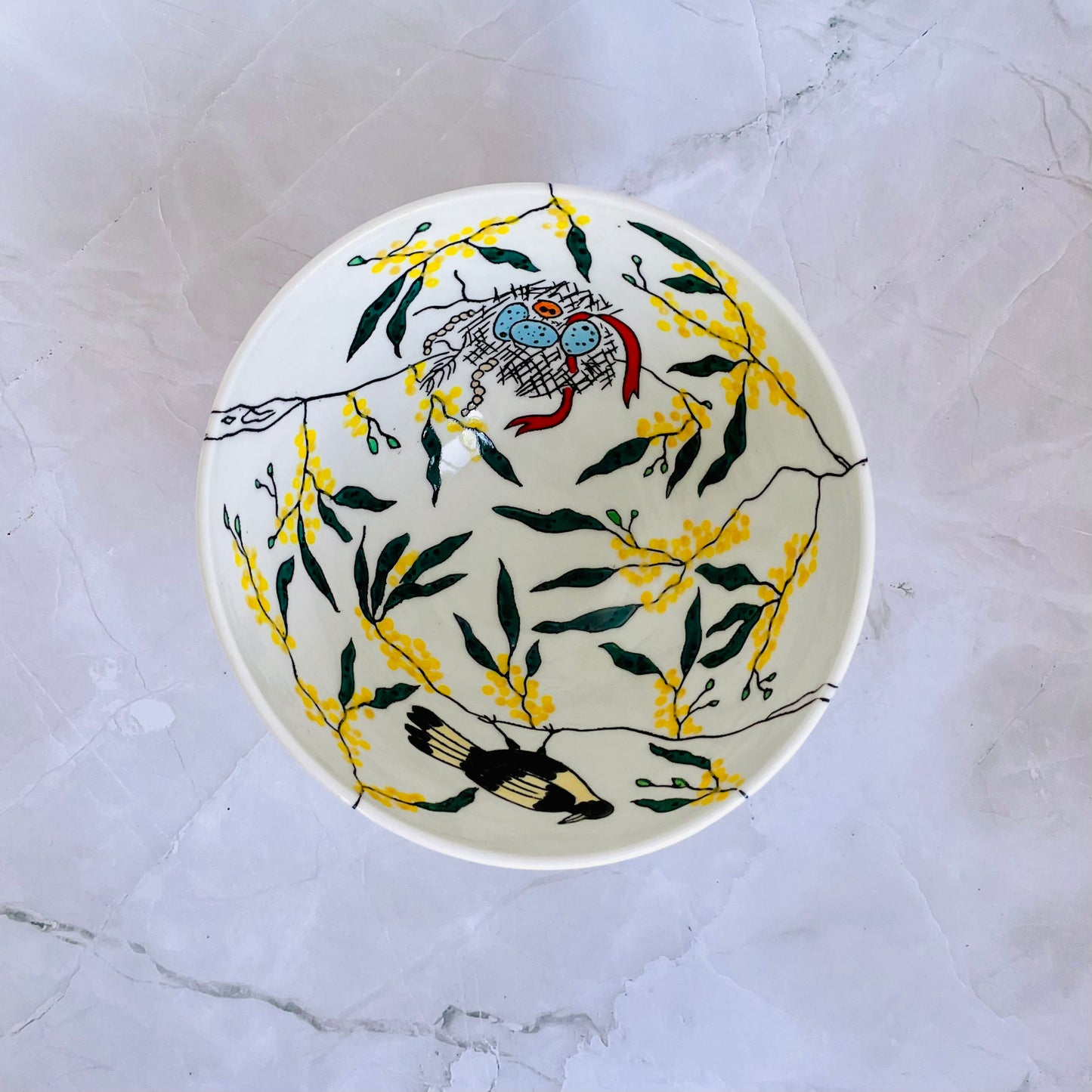 #37: Noodle bowl  - Magpie family in a wattle tree design