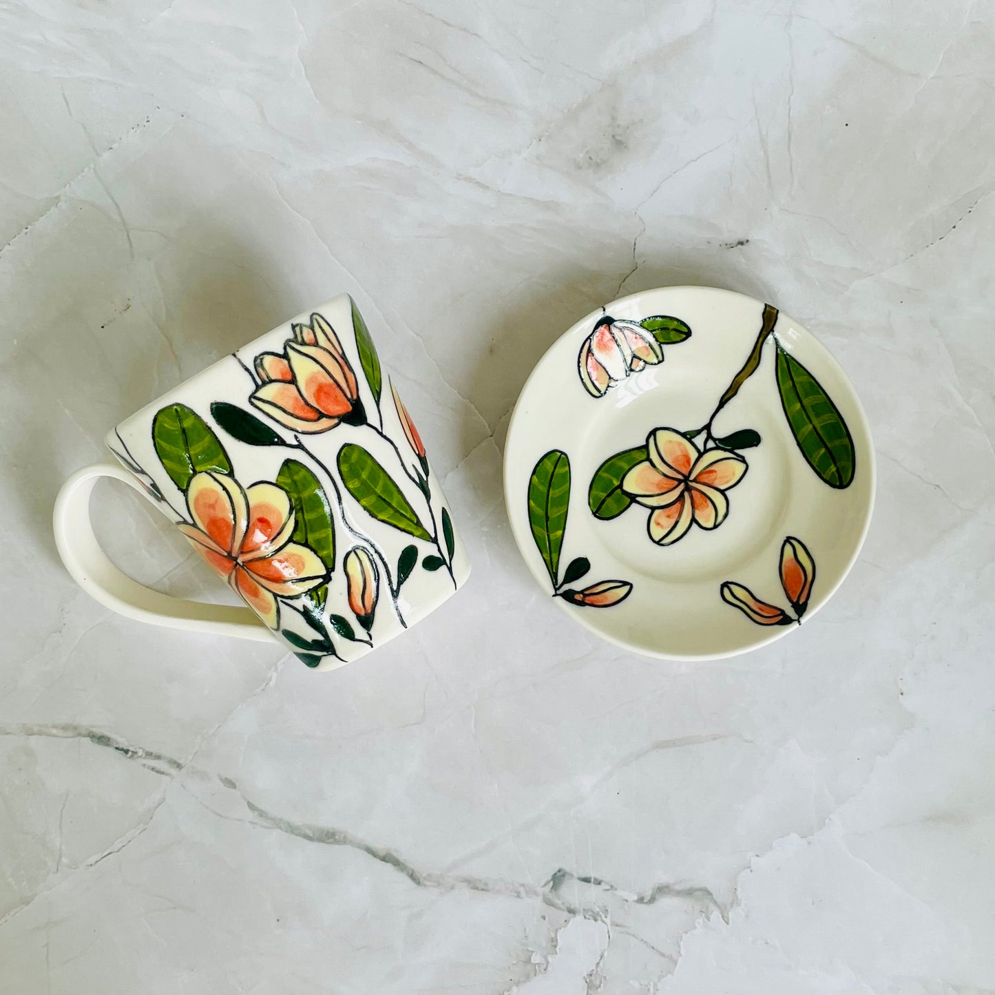 #1: Small cup & saucer set - pink frangipani design
