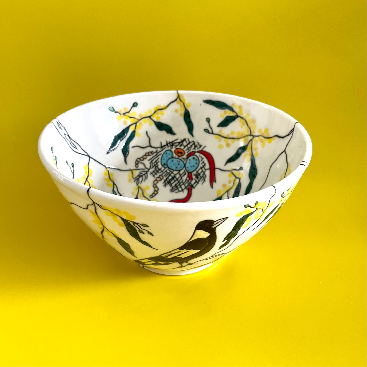 Medium porcelain bowl with Australian magpies and golden wattle