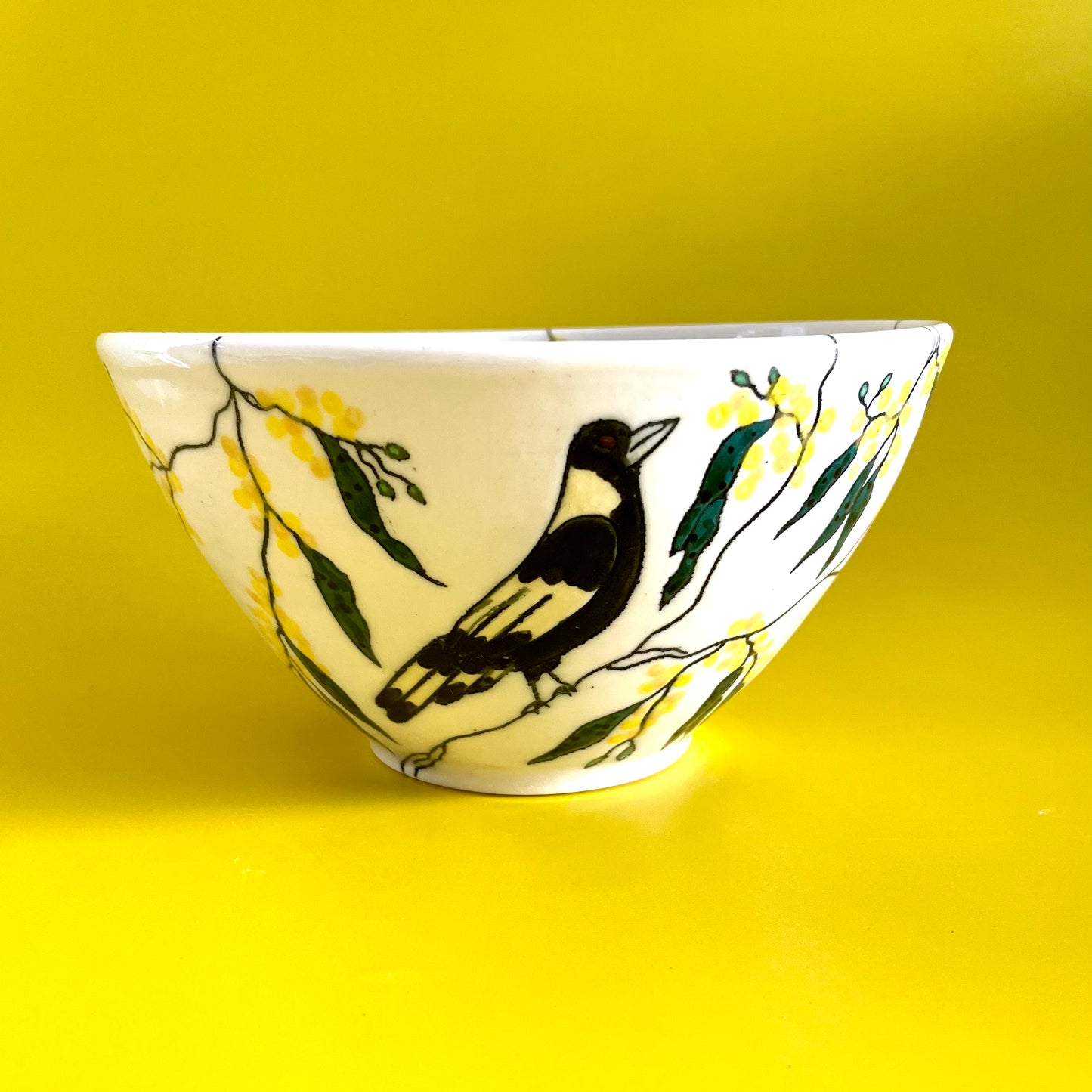 Medium porcelain bowl with Australian magpies and golden wattle