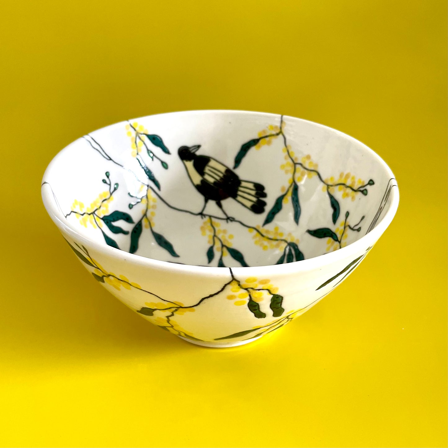 Medium porcelain bowl with Australian magpies and golden wattle