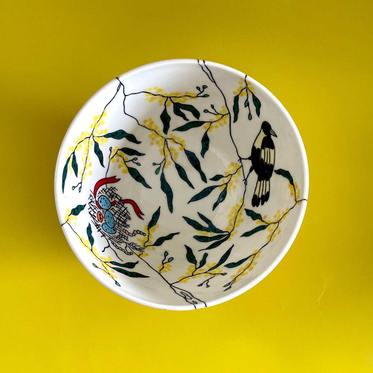 Medium porcelain bowl with Australian magpies and golden wattle