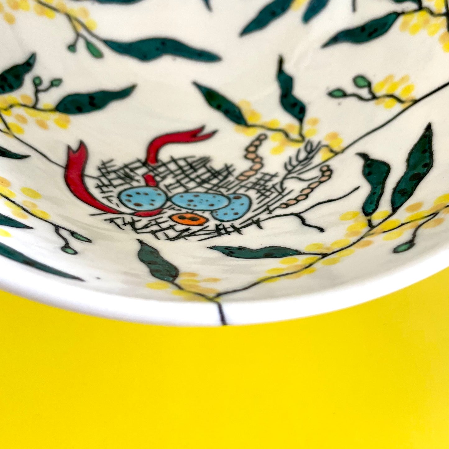 Medium porcelain bowl with Australian magpies and golden wattle