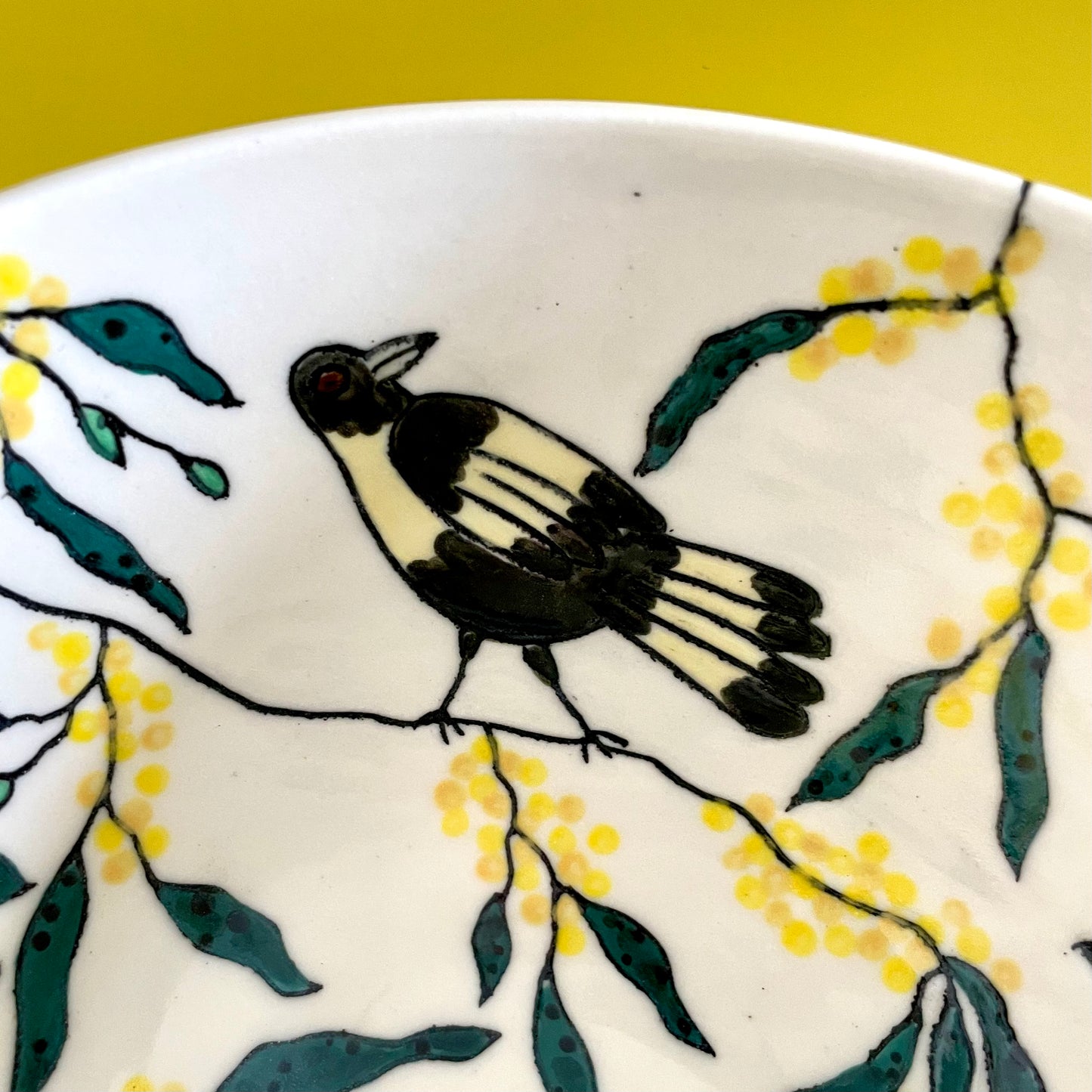 Medium porcelain bowl with Australian magpies and golden wattle