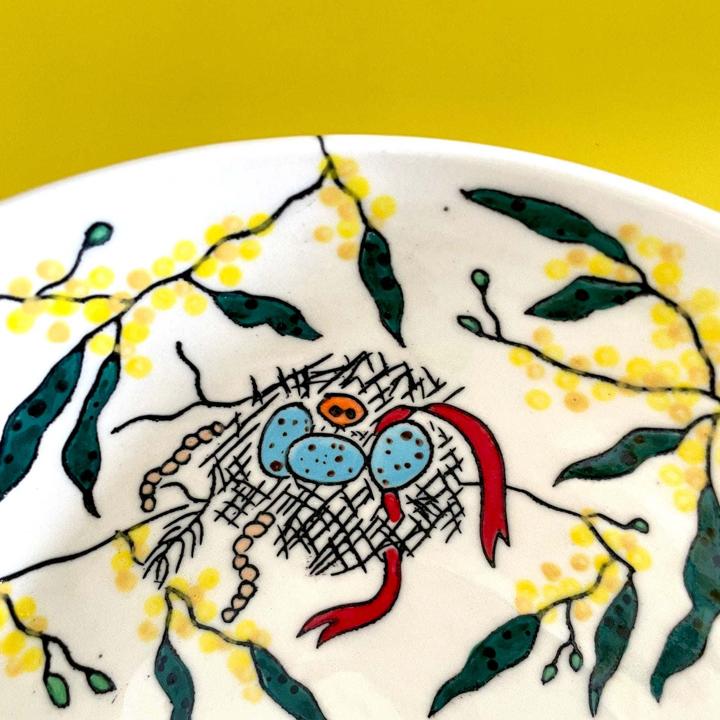 Medium porcelain bowl with Australian magpies and golden wattle