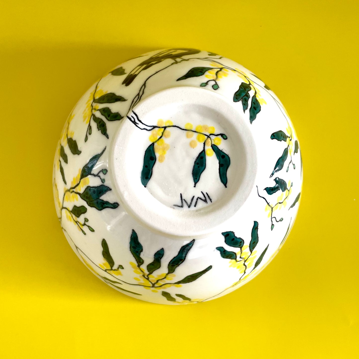 Medium porcelain bowl with Australian magpies and golden wattle