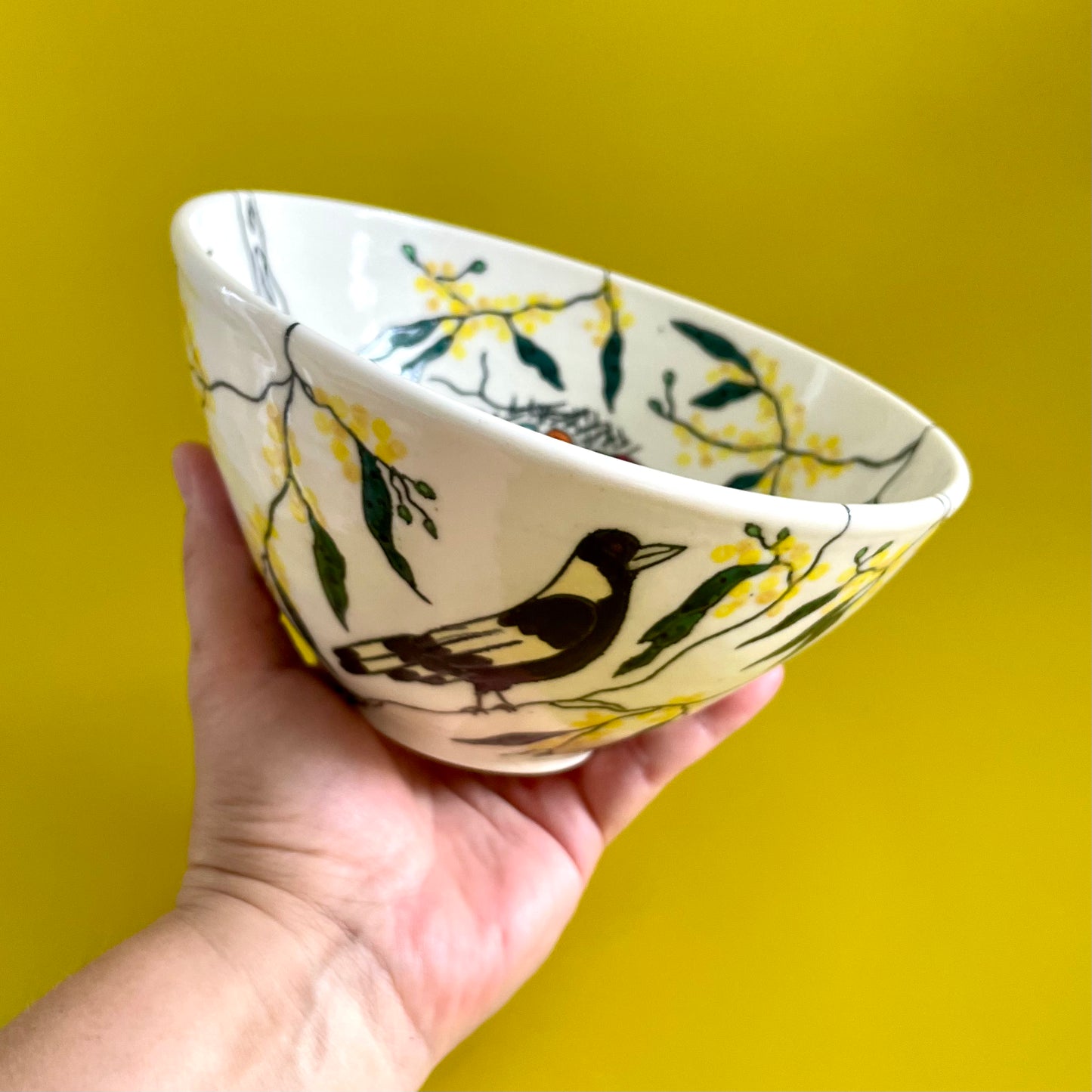 Medium porcelain bowl with Australian magpies and golden wattle