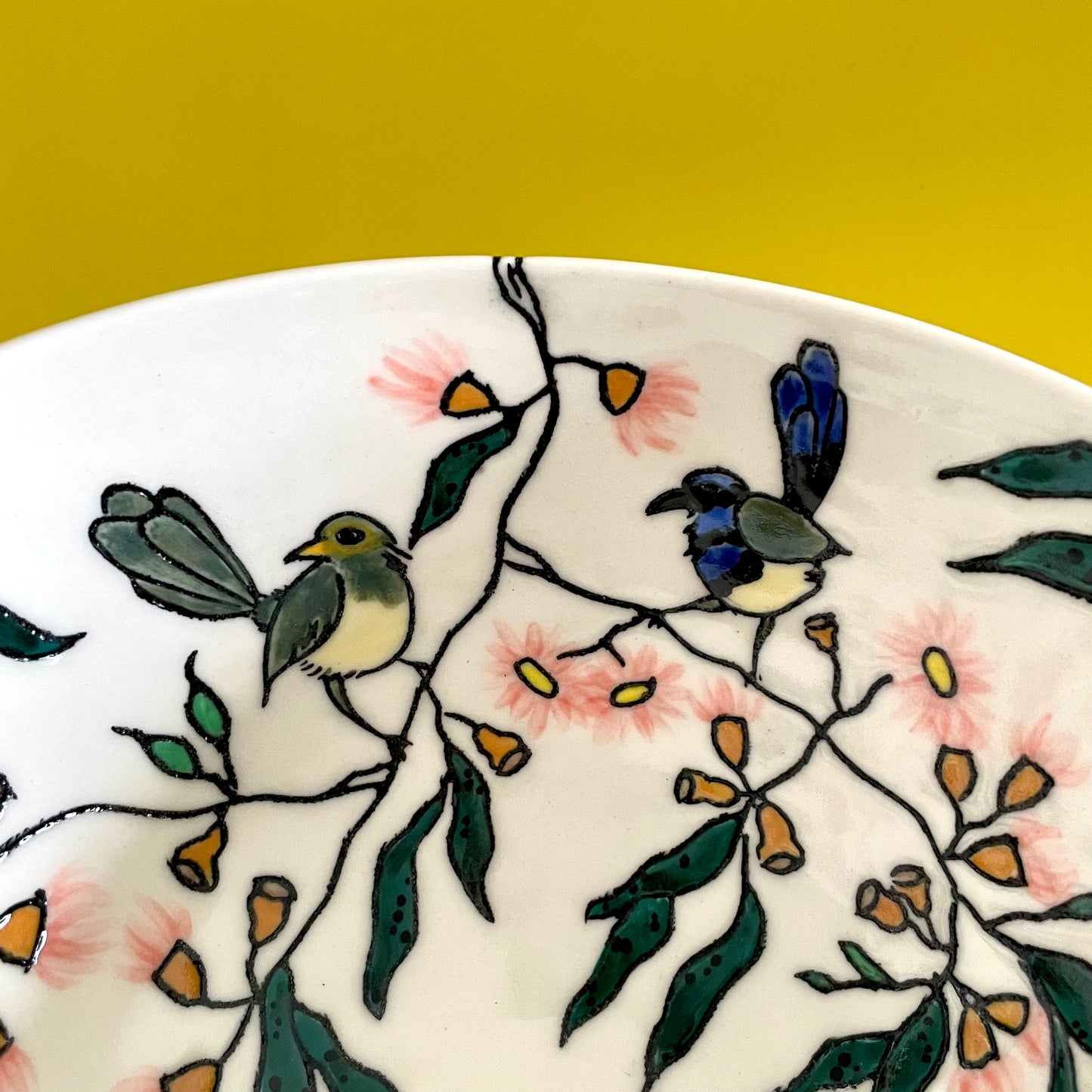 Medium porcelain bowl with Australian blue fairy wren and pink flowering gum