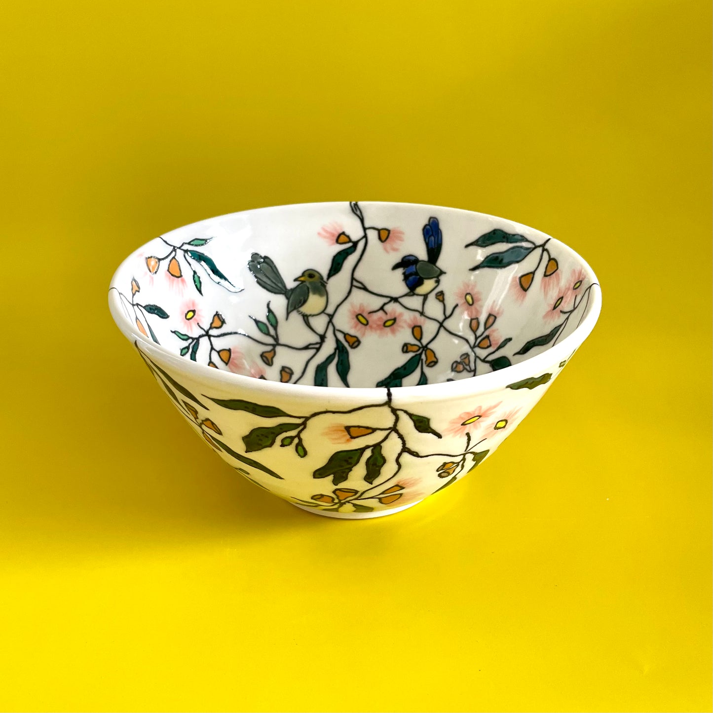 Medium porcelain bowl with Australian blue fairy wren and pink flowering gum