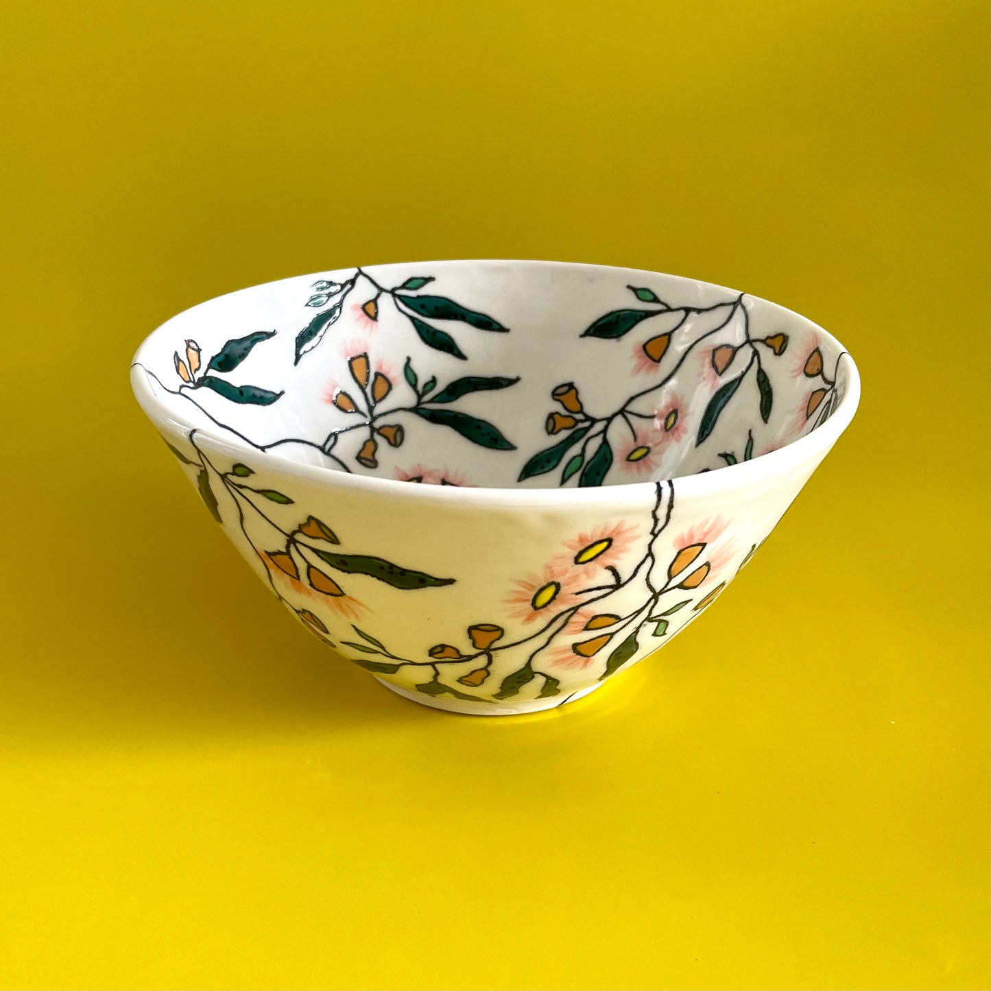 Medium porcelain bowl with Australian blue fairy wren and pink flowering gum