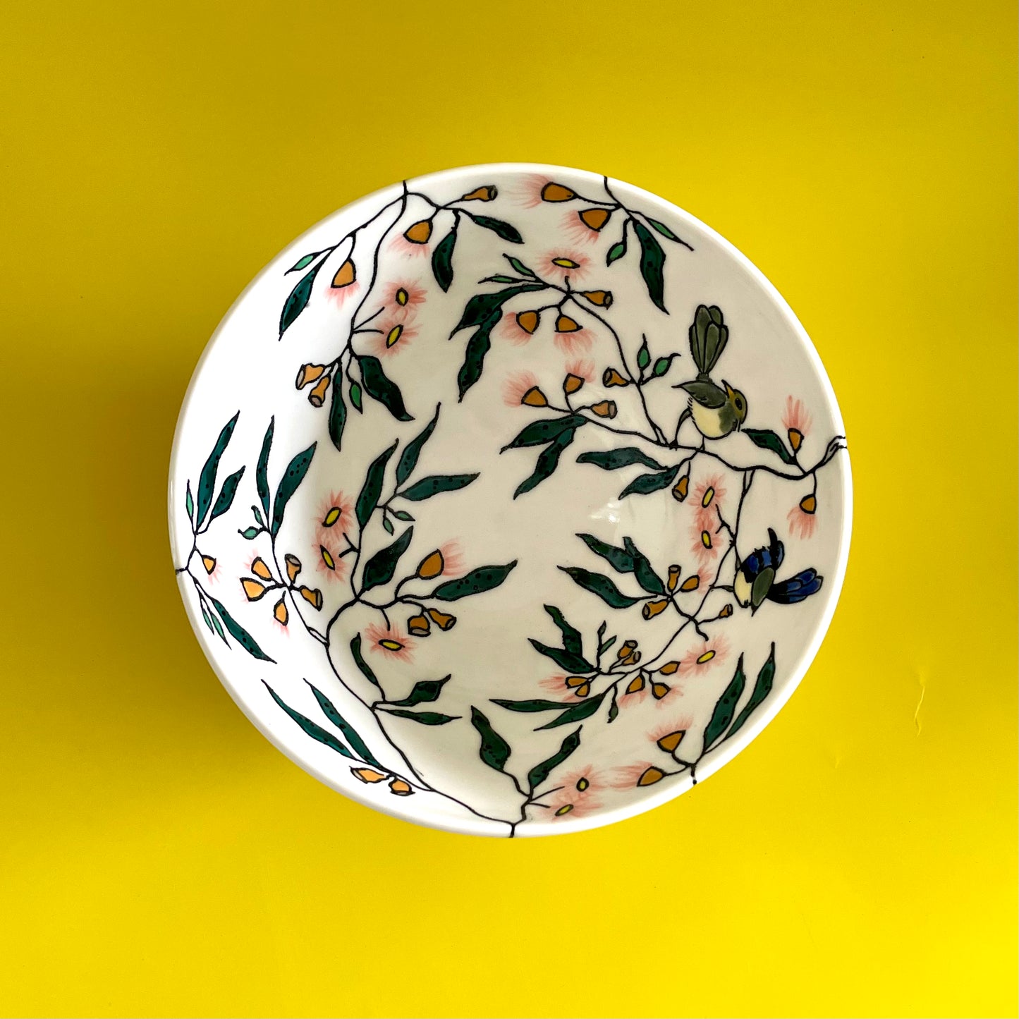 Medium porcelain bowl with Australian blue fairy wren and pink flowering gum