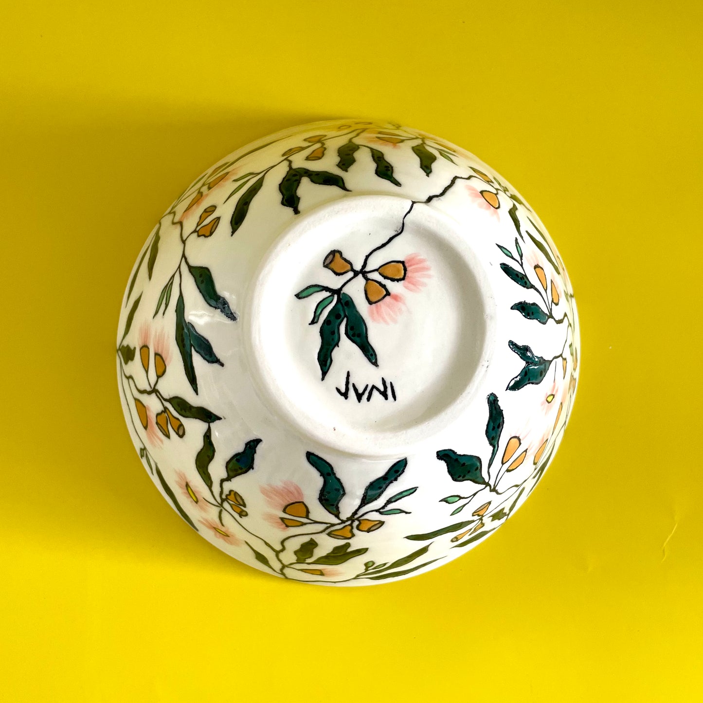 Medium porcelain bowl with Australian blue fairy wren and pink flowering gum