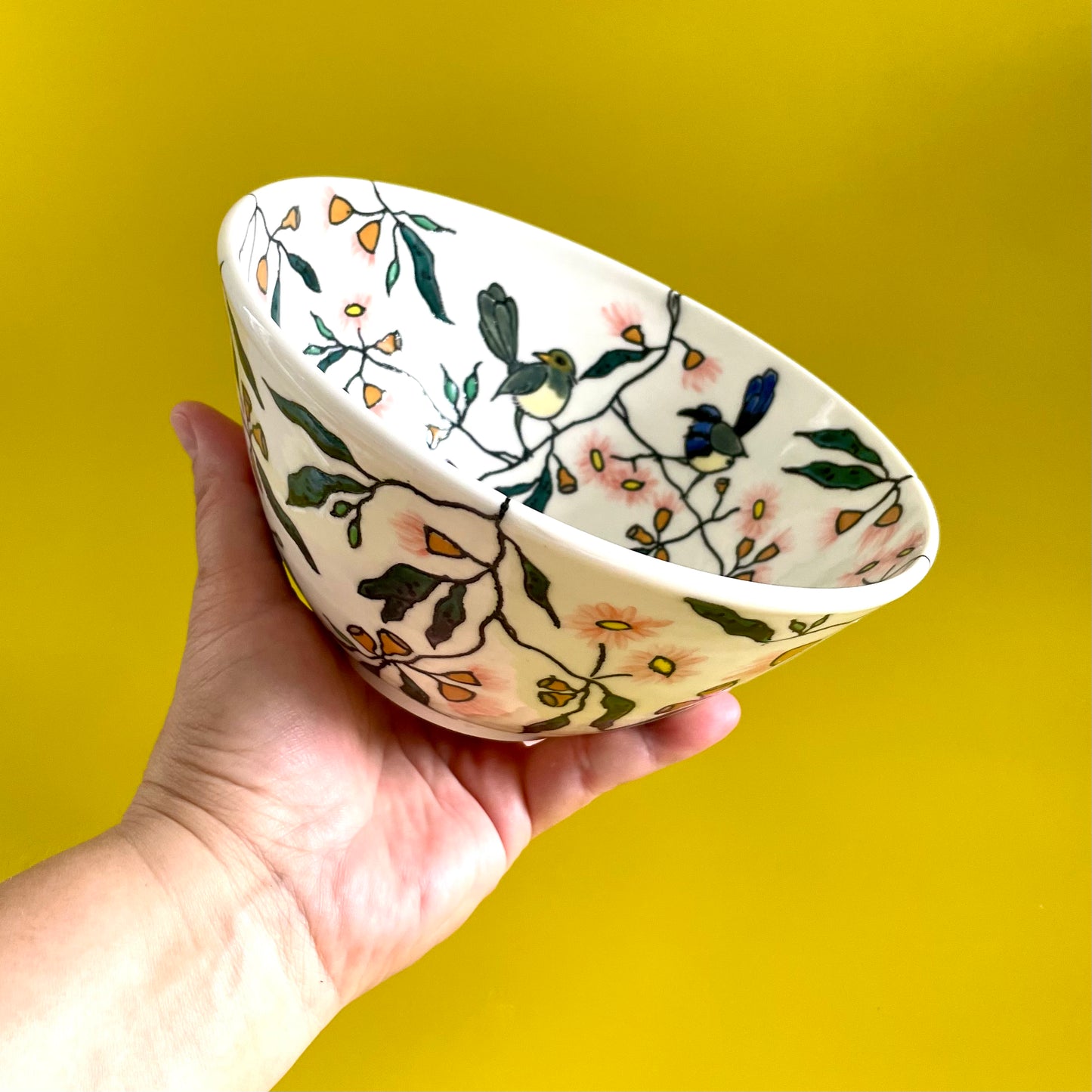 Medium porcelain bowl with Australian blue fairy wren and pink flowering gum