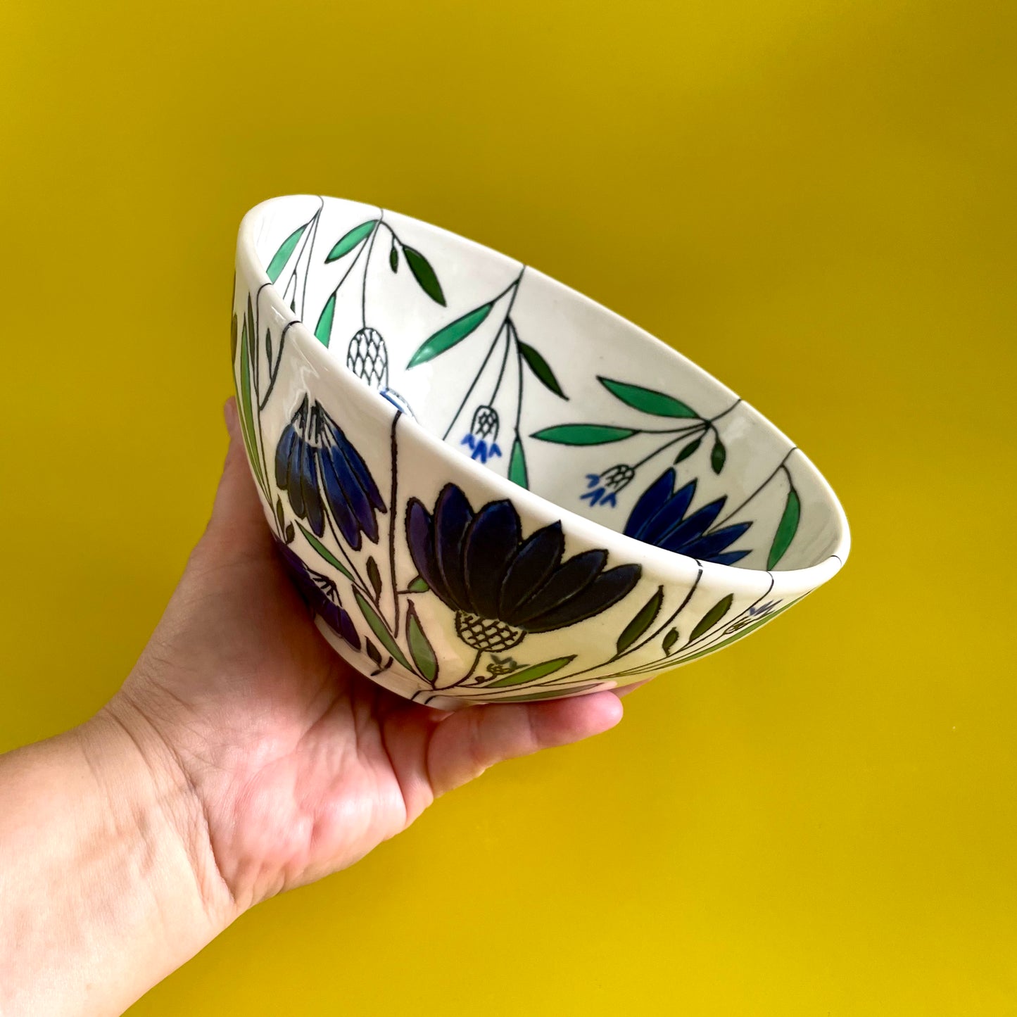 Medium porcelain bowl with blue coneflowers