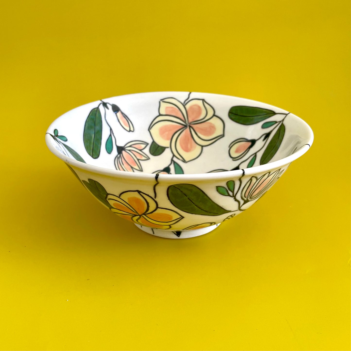 Medium porcelain bowl with pink frangipani (plumeria)