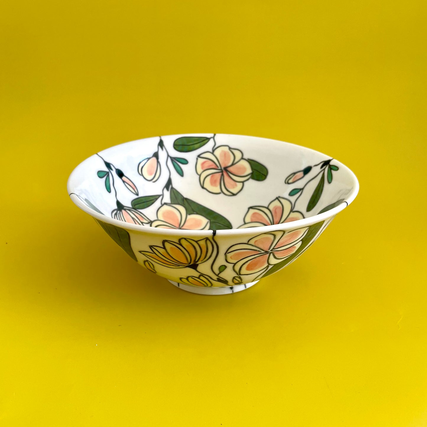 Medium porcelain bowl with pink frangipani (plumeria)