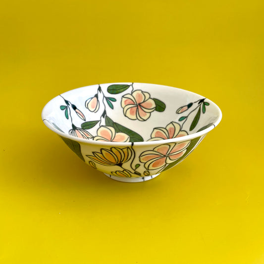 Medium porcelain bowl with pink frangipani (plumeria)