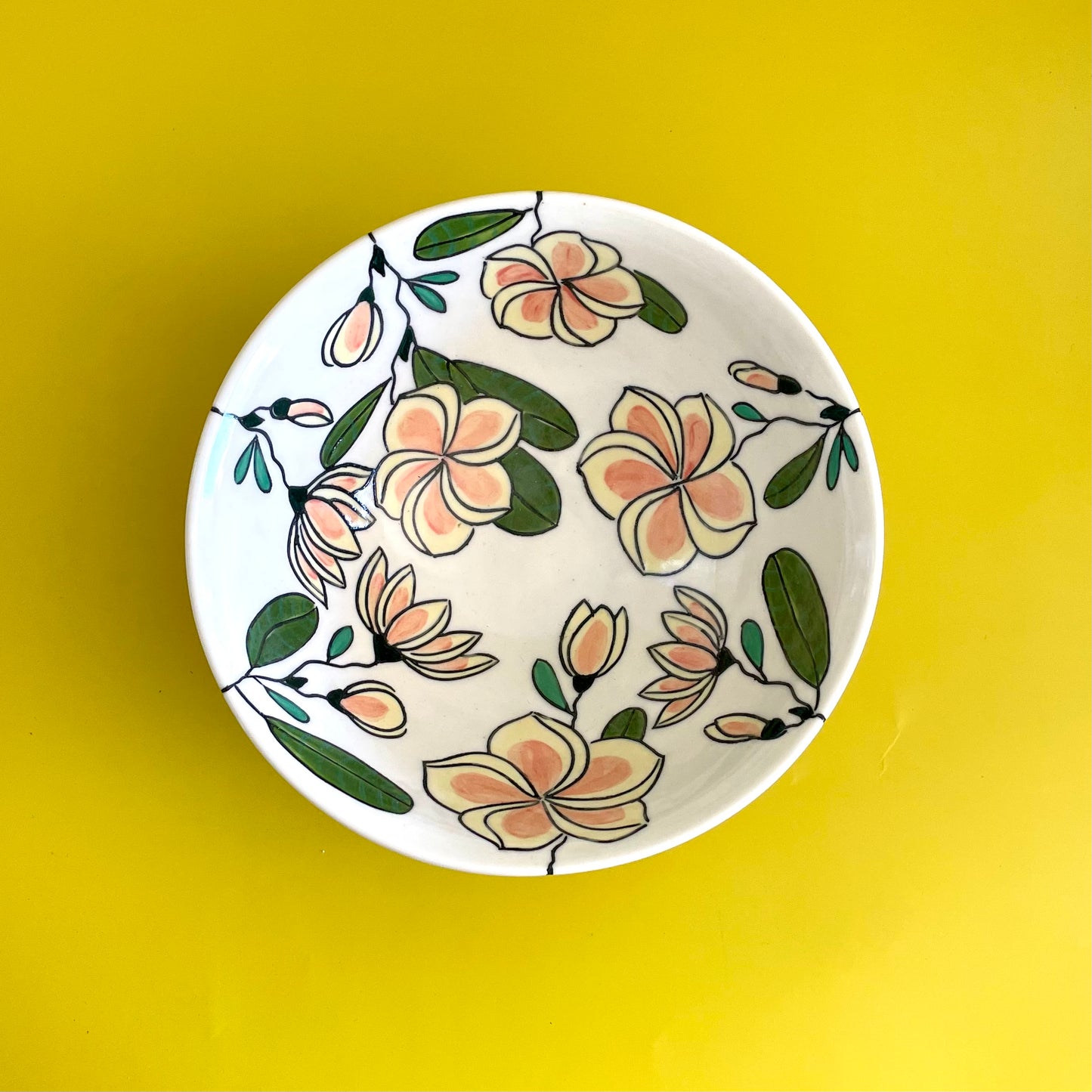 Medium porcelain bowl with pink frangipani (plumeria)