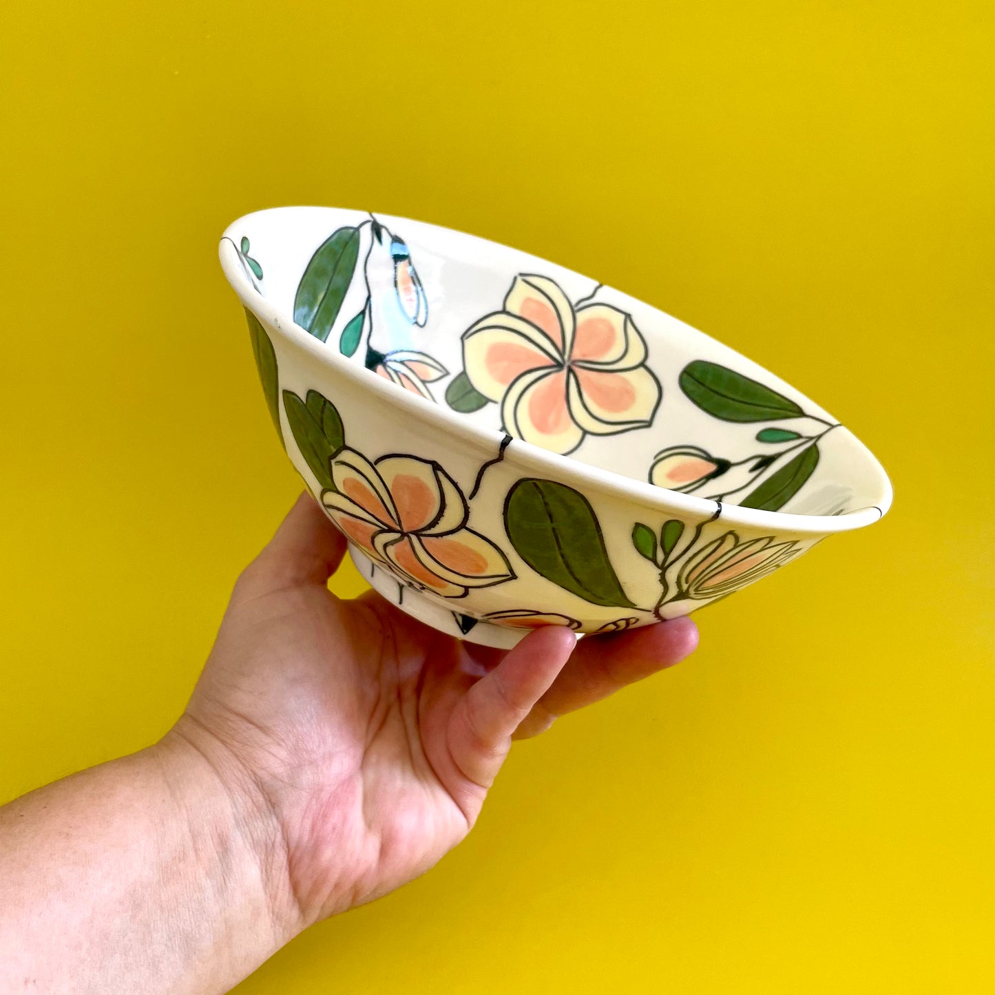 Medium porcelain bowl with pink frangipani (plumeria)