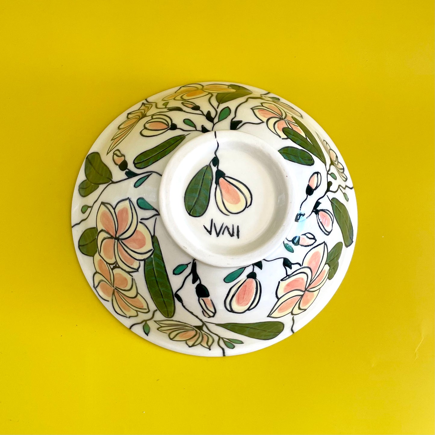 Medium porcelain bowl with pink frangipani (plumeria)